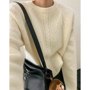 【济州岛】假日氛围 镂空麻花宽松圆领加厚长袖针织毛衣冬2589