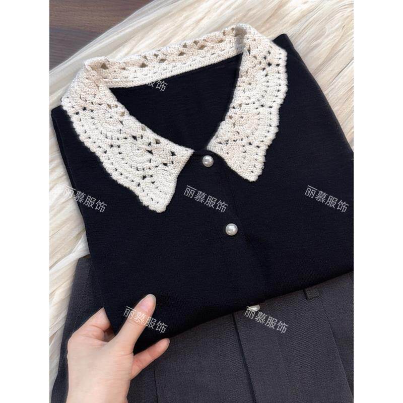 【赫本风】法式撞色花边娃娃领珍珠扣薄款飞飞袖针织开衫T恤2959