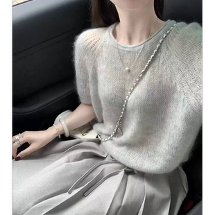 镂空纯色显瘦T恤1336 软糯毛感马海针织泡泡短袖 雾霾灰泡泡袖