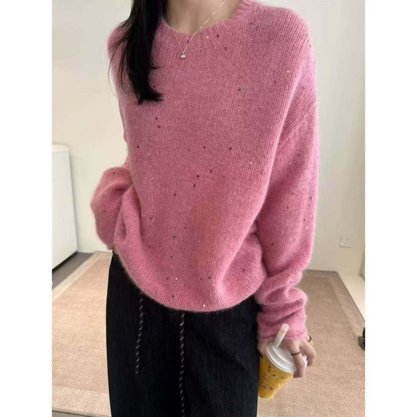 【粉色亮片】圆领亮片纯色针织套头衫5009,女装/女士精品,短外套,淘宝优惠券,粉丝福利购,淘宝优惠卷