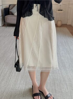 东方雅致 优雅蕾丝拼接斜裁鱼尾温柔仙女风半透明纱裙半裙半身裙