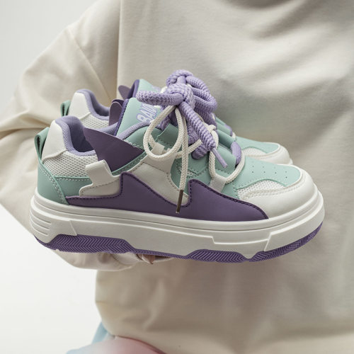 小白鞋女休闲拼色透气运动鞋2024春季新款厚底百搭时尚低帮板鞋子