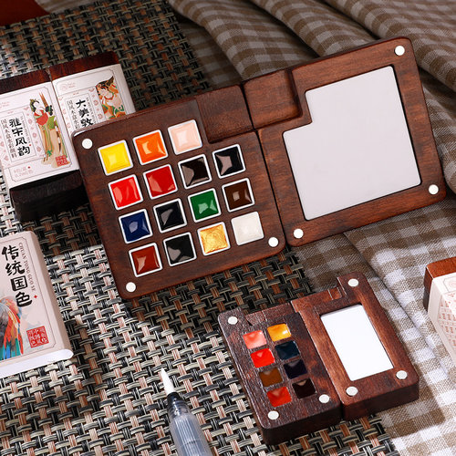 飞乐鸟迷你水彩颜料盒和小本子国风木盒随身便携写生旅行水彩套装