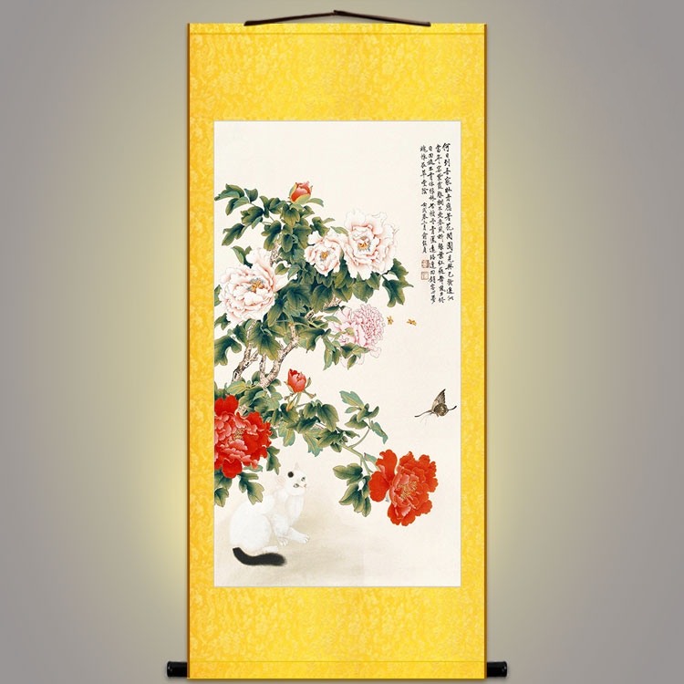 富贵耄耋图 牡丹白猫蝴蝶花鸟画 书房玄关装饰画卷轴挂画国画定制