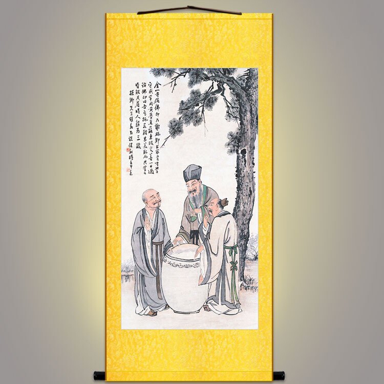 三酸图 尝醋翁挂画 儒释道三家人物画国画装饰画丝绸画卷轴画包邮