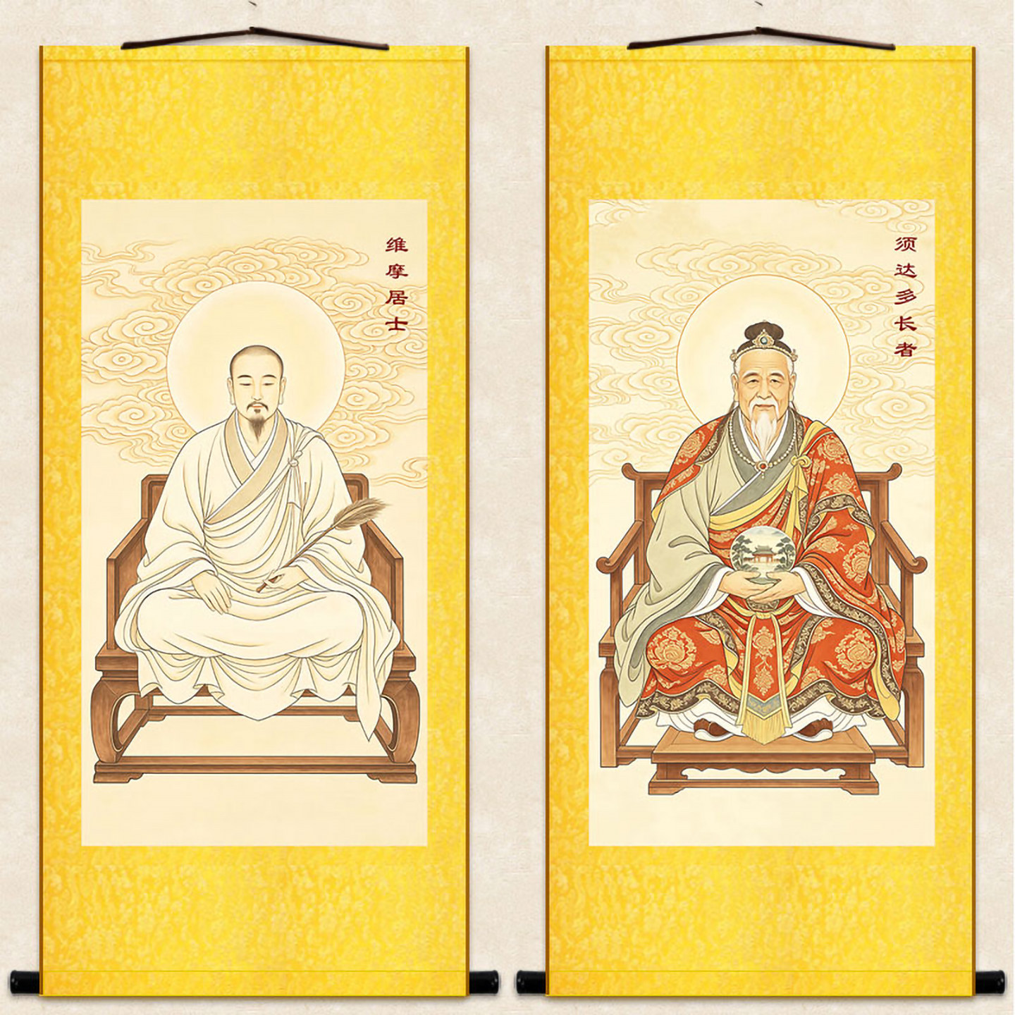 须达多长者 维摩居士人物画绢布复古卷轴挂画 中式佛堂装饰画定制