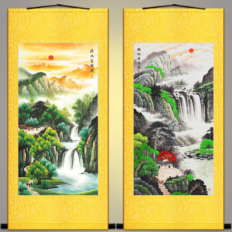福地安居图 流水生财图风水画 书房玄关山水装饰画 绢布卷轴挂画