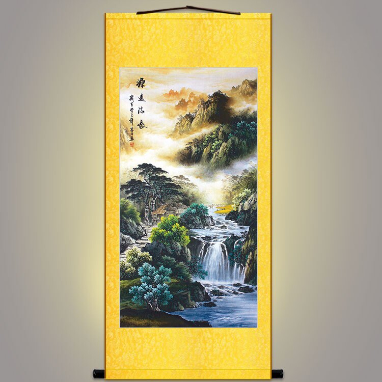 源远流长图 绢布山水画风水画 书房玄关山水装饰画卷轴挂画可定制