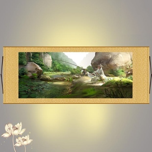 姜太公钓鱼图 姜子牙人物横幅挂画 书房客厅装饰画横批画定制订做