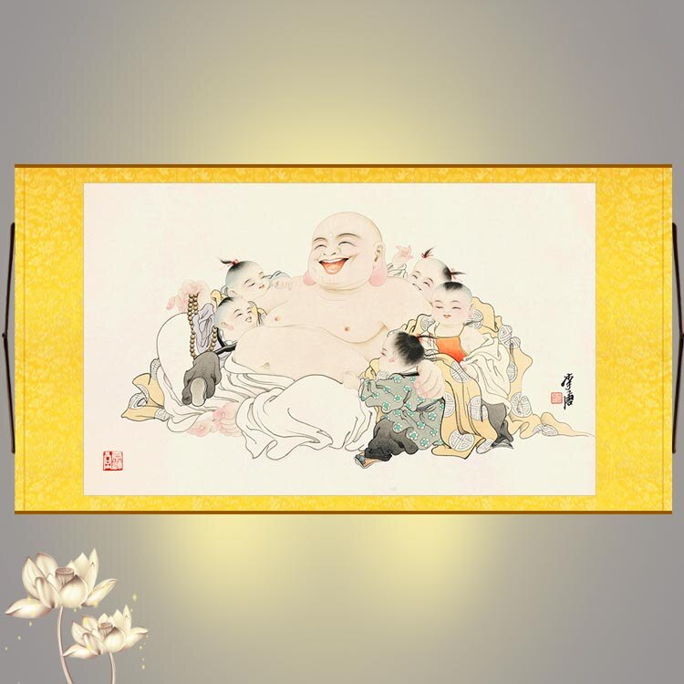 五福捧弥勒图 五子戏弥勒横幅挂画 笑口常开人物画书房客厅装饰画