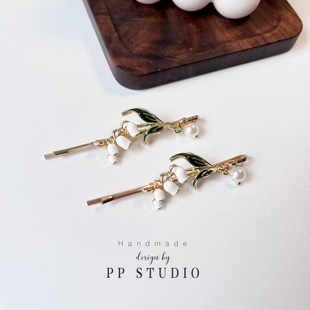 原创款*金属滴釉山谷铃兰精致珍珠一字夹边夹碎发刘海夹古风发饰