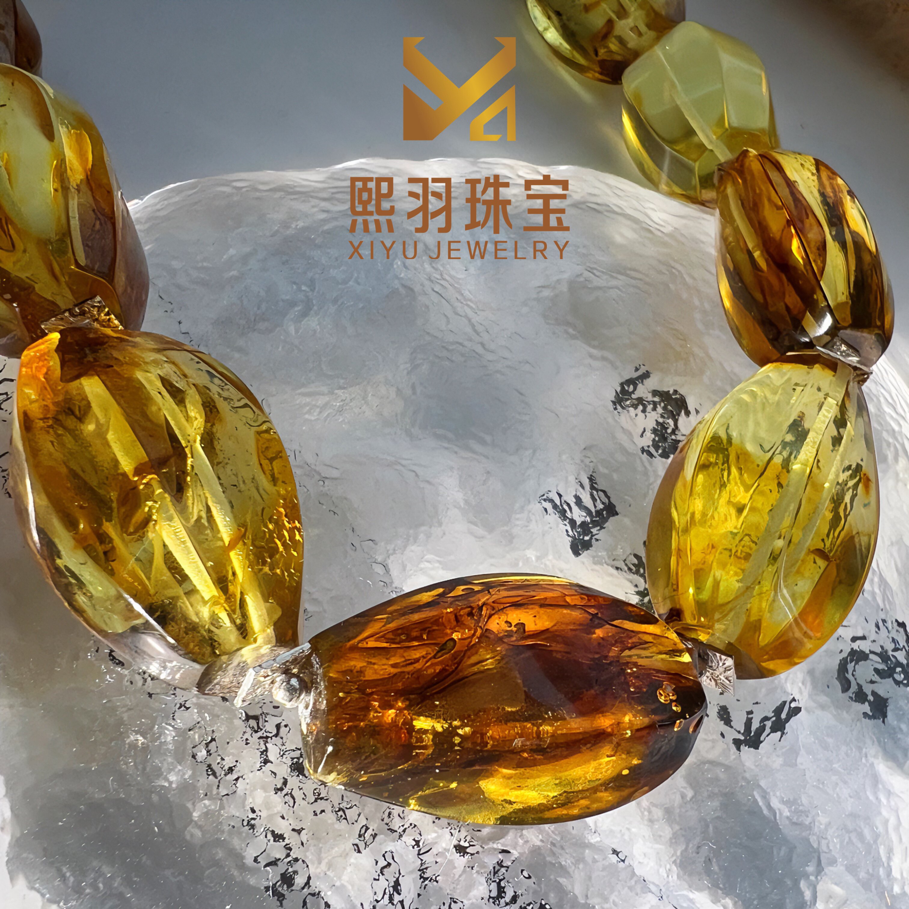 瑞典直供琥珀蜜蜡超闪透天然海珀大颗粒意境珀切割项链小众轻奢