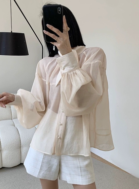 2025年春季新款法式衬衫气质宽松灯笼袖蝴蝶结上衣清冷白月光衫裙