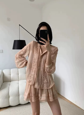 2025年抓襟花边套装减龄衬衫七分袖名媛小香风套装