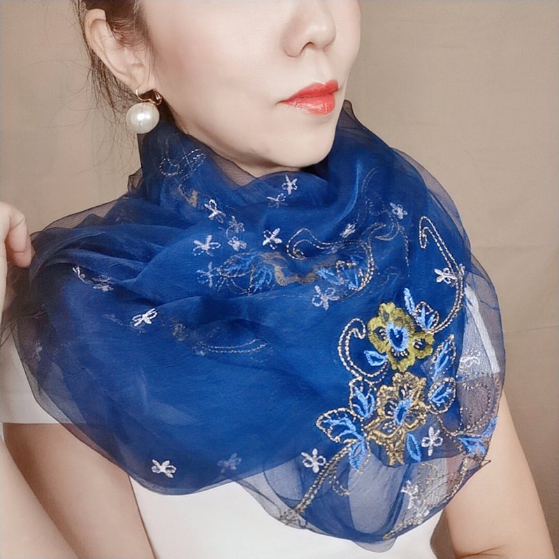 韩国真丝围巾刺绣绣花长款欧根纱丝巾女披肩配旗袍大衣秋冬多功能