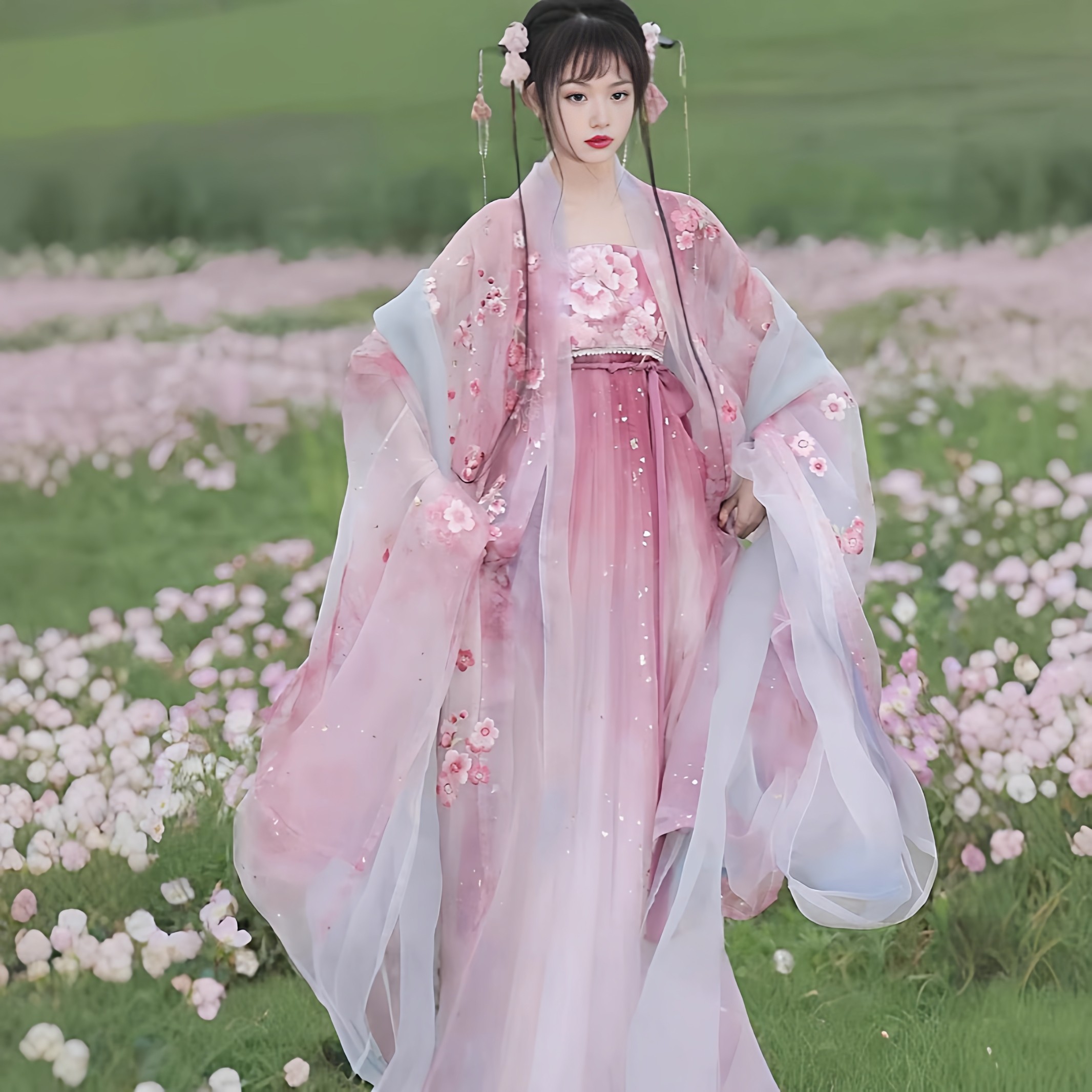 披帛粉色雪纺汉服女重工刺绣超大袖渐变色柯子裙春夏秋儒裙套装,女装/女士精品,汉服套装,淘宝优惠券,粉丝福利购,淘宝优惠卷