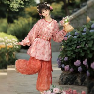 唐制原创汉服女2026春秋绣花短款圆领袍灯笼裤中国风日常通勤套装