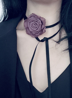 原创暗黑风手工干枯玫瑰灼烧花朵项链lolita系带长款choker手腕花