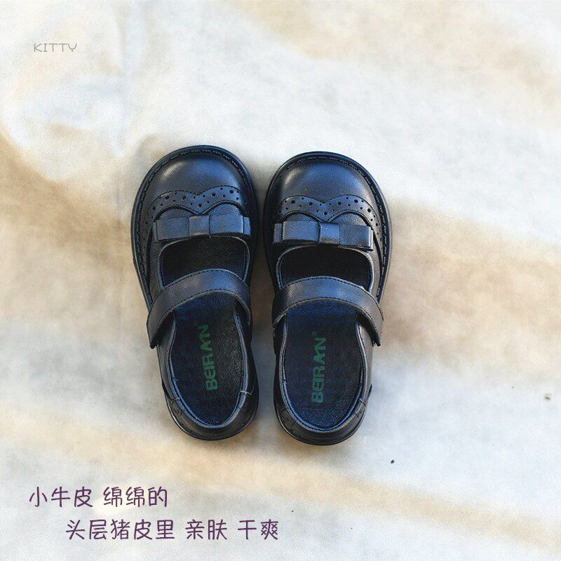 女童英伦风黑色皮鞋春秋软底宝宝单鞋婴童小女孩蝴蝶结表演鞋牛皮