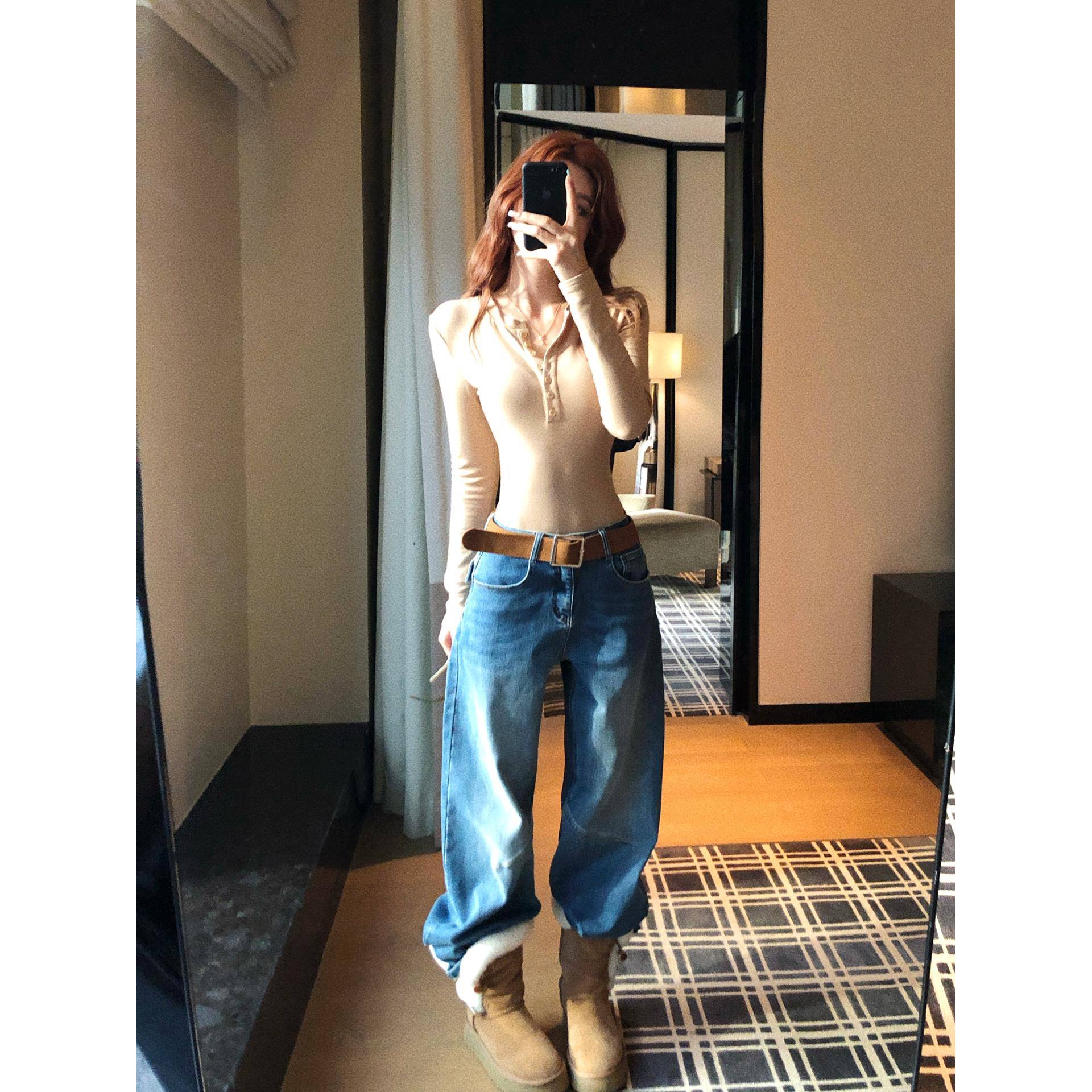 李婉君美式覆古蓝色阔腿牛仔裤女秋季百搭宽松显瘦直筒拖地长裤