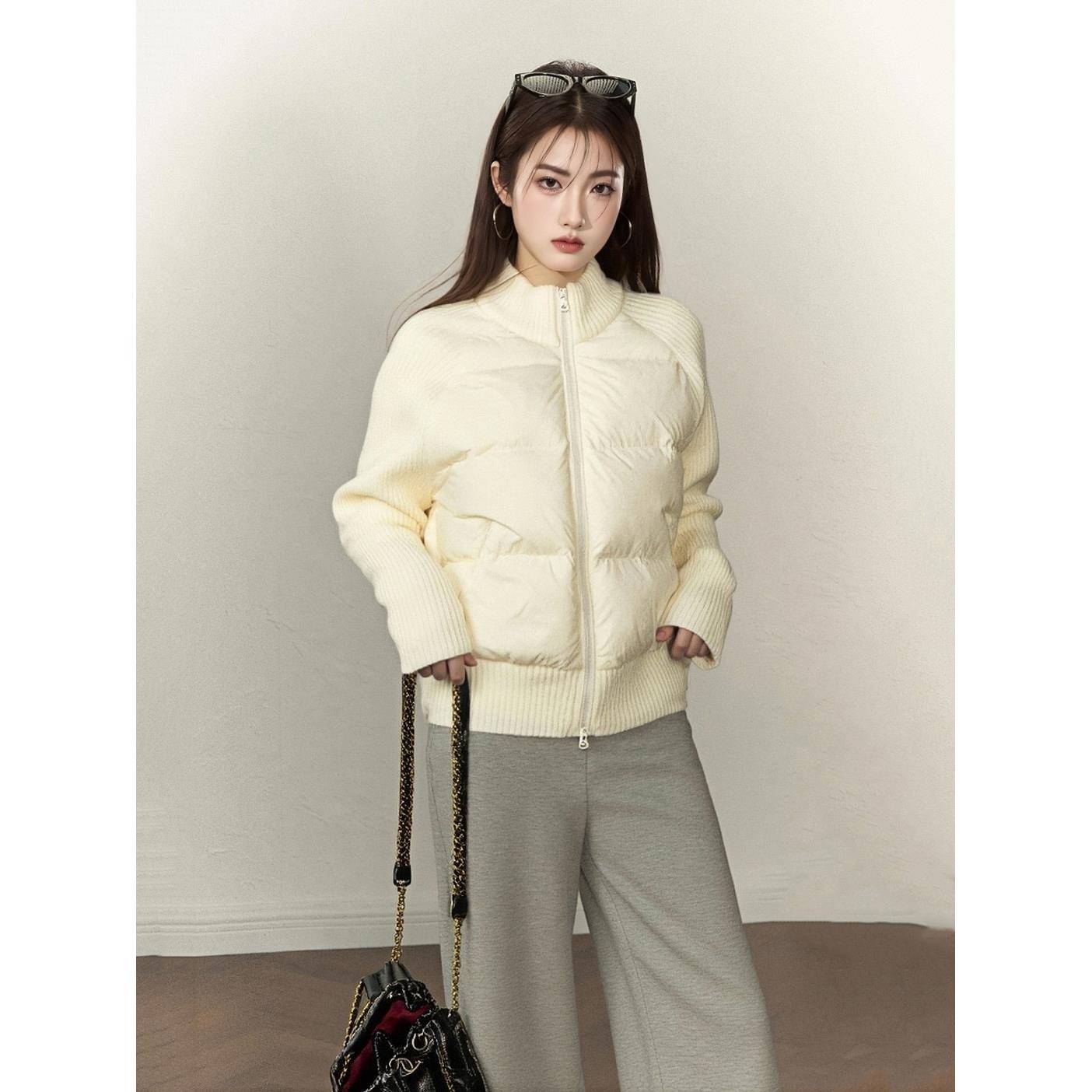 韩系设计感秋冬新款立领针织拼接白色棉服外套女加厚保暖夹棉上衣