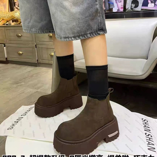 女靴子磨砂皮厚底松糕马丁靴女2025秋冬款做旧增高烟筒切尔西短靴