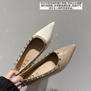 女晚宴ol通勤鞋 尖头4cm内增高浅口平底单鞋 漆皮女鞋 巴黎铆钉鞋