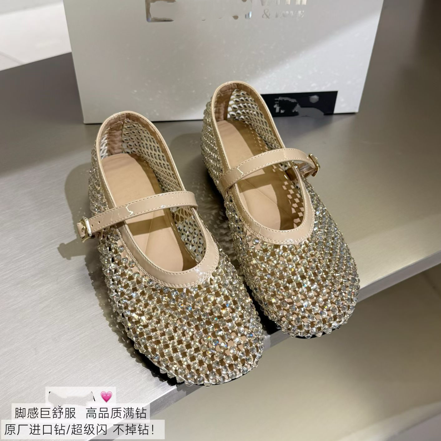 欧洲站真皮女鞋2026春夏镂空网烫钻奶奶鞋圆头浅口平底玛丽珍鞋