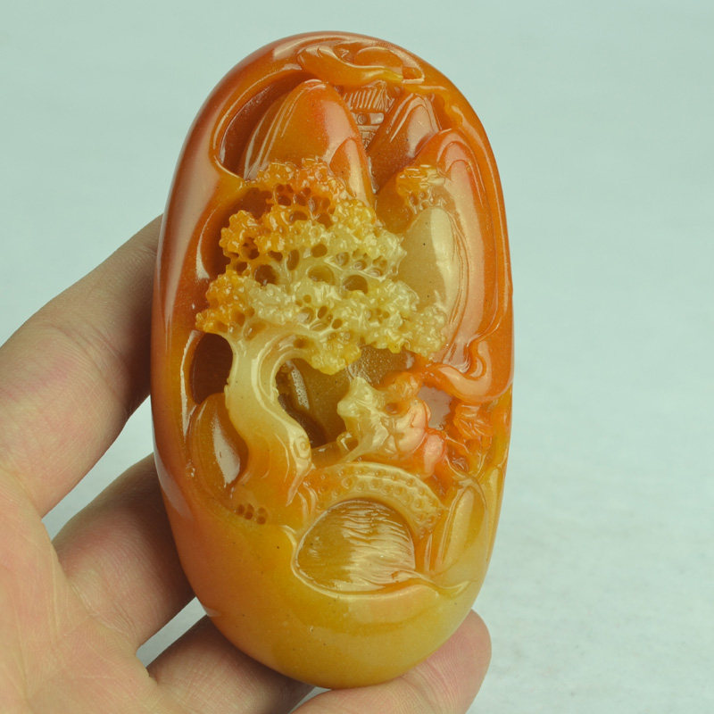仿云南黄龙玉意境山水手把件天然玉石玉器男把玩件人物把件手盘件