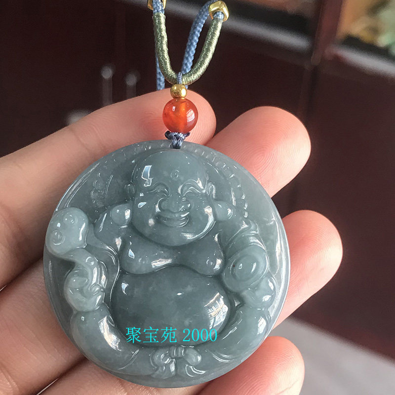 天然蓝水翡翠佛公吊坠女士油青翠玉双面如意笑佛弥勒佛挂件项链坠