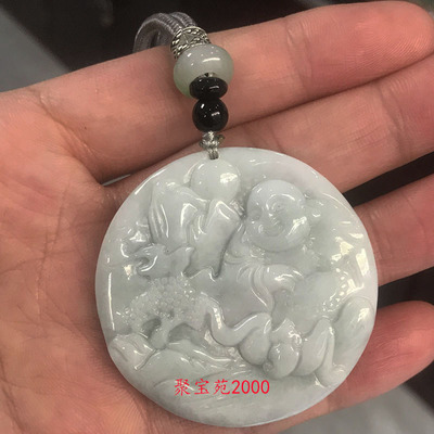 天然翡翠A货弥勒佛圆牌子吊坠玉石山水玉佩福在眼前挂件佛公项链