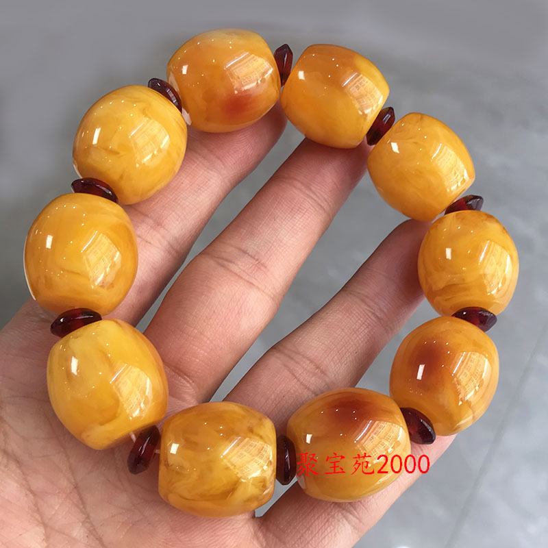 天然俄料白花蜜蜡手链鸡油黄琥珀蛋形手串男女老蜜蜡路路通首饰品