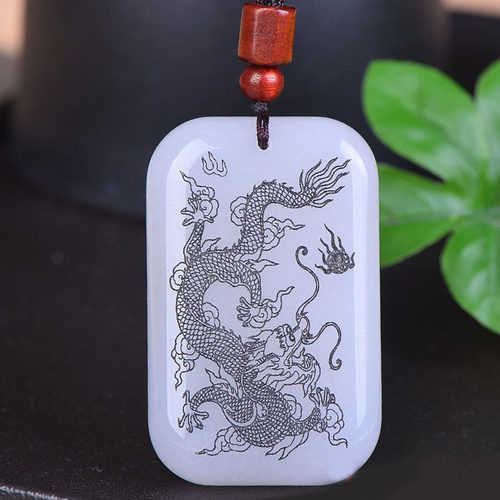 天然金丝玉白玉龙平安牌玉吊坠男女款招财护身双面雕刻玉石龙玉佩