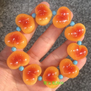 天然鸡油黄蜜蜡爱心手串琥珀原石蓝珀桃心手链血丝珀情侣文玩手饰