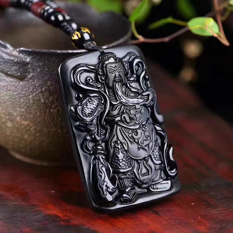 黑曜石关公吊坠项链男忠义信武财神关羽玉石雕刻吊牌挂件霸气饰品