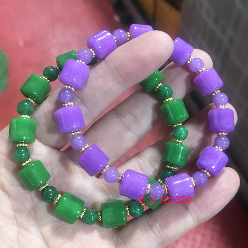 新款干青翡翠色玉石手链石英岩玉满紫桶珠手串男女款时尚手饰礼物