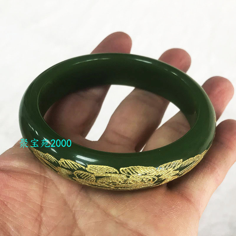 天然新疆和田玉描金镶金雕花玉手镯碧玉圆镯菠菜绿玉镯子女士手饰图片