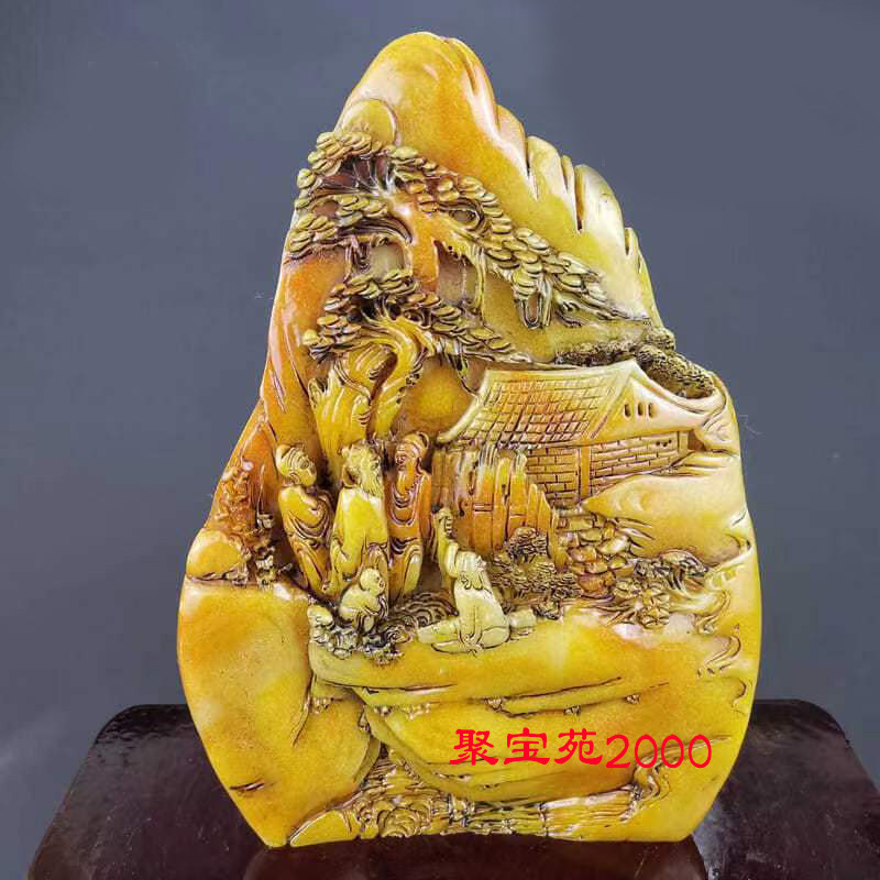 精雕天然黄龙玉山水风景摆件做旧仿古黄腊石深山会友古玩玉石摆饰