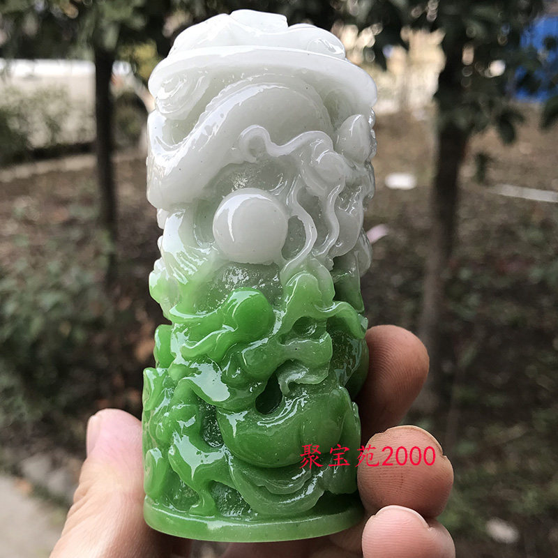 玉石龙柱摆件带翡翠色仿白玉风水家居摆饰招财旺财玉石手把件印章