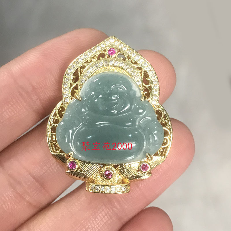 天然冰糯种蓝水翡翠弥勒佛吊坠玉石佛公挂件镶嵌大肚佛饰品毛衣链
