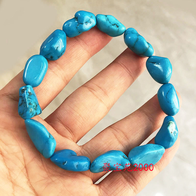 天然高瓷蓝绿松石手串男女款单圈随形石头手链文玩玉石毛料手饰品