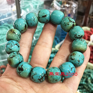 天然原矿绿松石手链高瓷蓝色网花铁线老形桶珠手串苹果珠单圈手饰