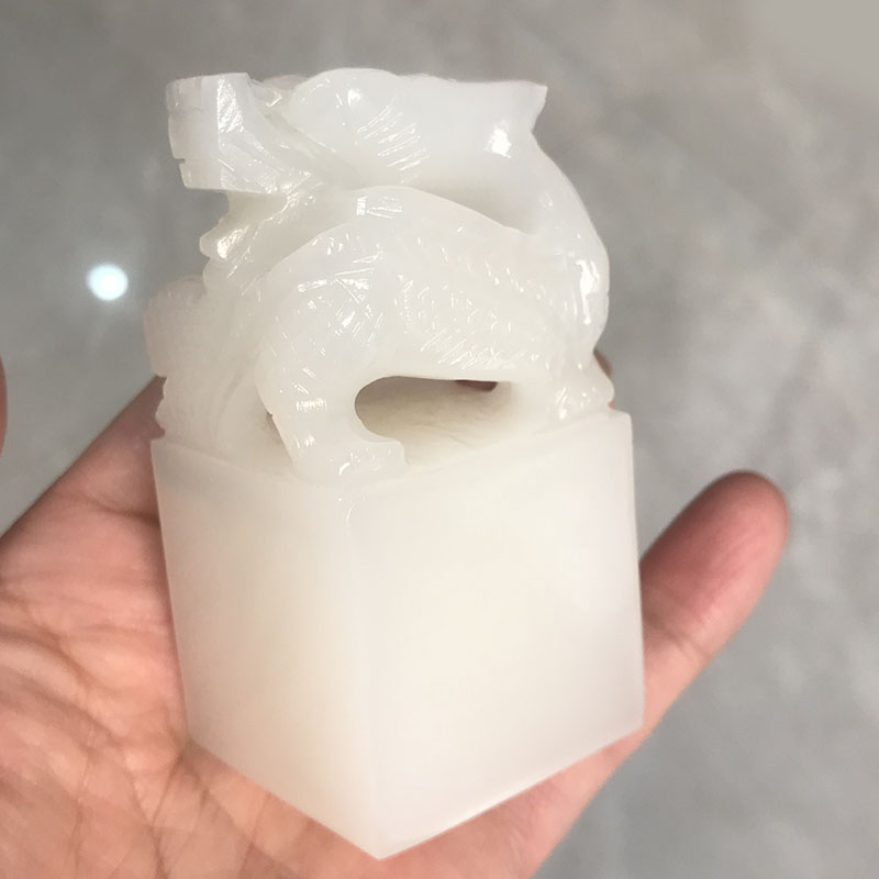 天然阿富汗白玉盘龙印章摆件青白玉龙头玉玺私章书房摆饰篆刻刻字