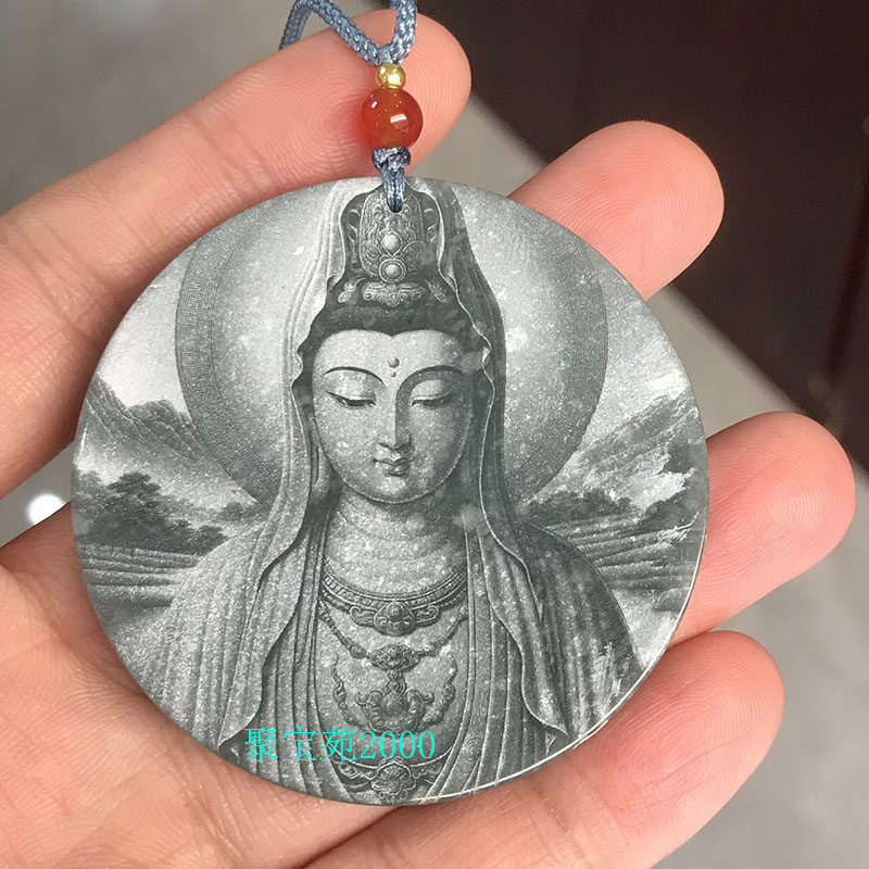天然A货翡翠观音牌子蓝水翠玉精工影雕玉石观音菩萨吊坠佛像玉佩