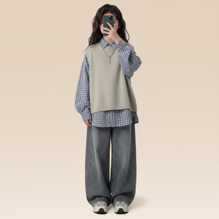 女童套装2026春秋新款中大童韩系时尚马甲格子衬衫牛仔裤三件套潮