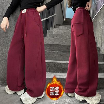 女童加绒裤子2024冬季新款儿童时尚一体绒卫裤中大童时髦香蕉裤潮