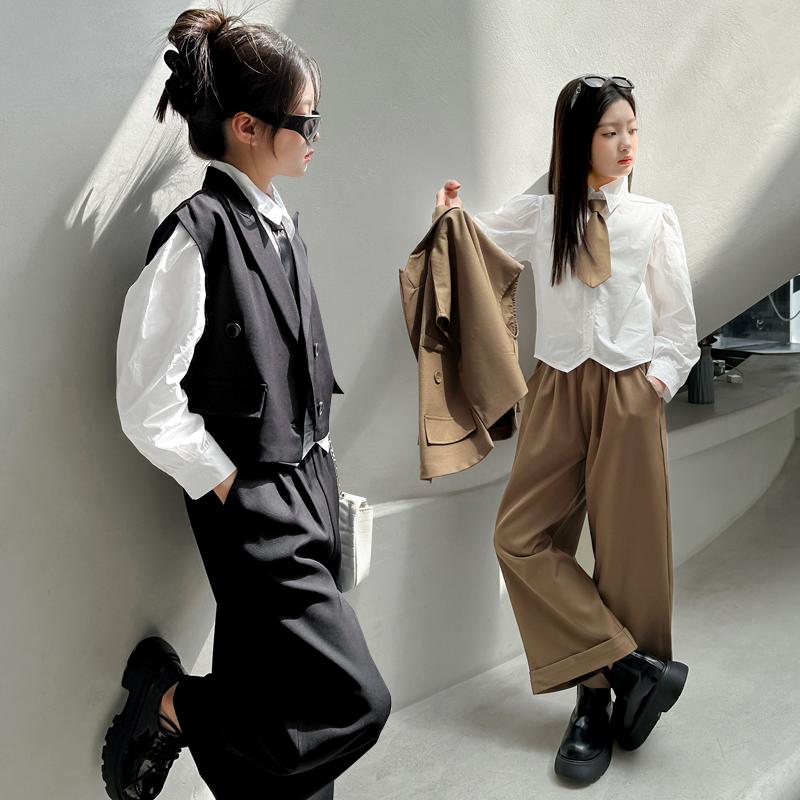 女童春款西服套装2025新款中大童洋气显瘦马甲衬衫西裤三件套春装