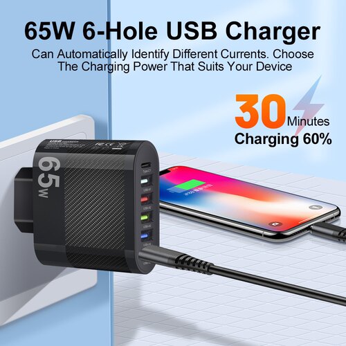 65W 5Ports USB Charger PD Charging Adapter For iPhone 15