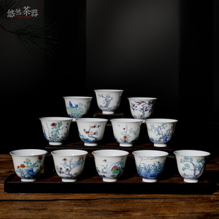 青花斗彩十二花神杯全手工景德镇陶瓷经典仿古花卉茶杯礼盒装收藏