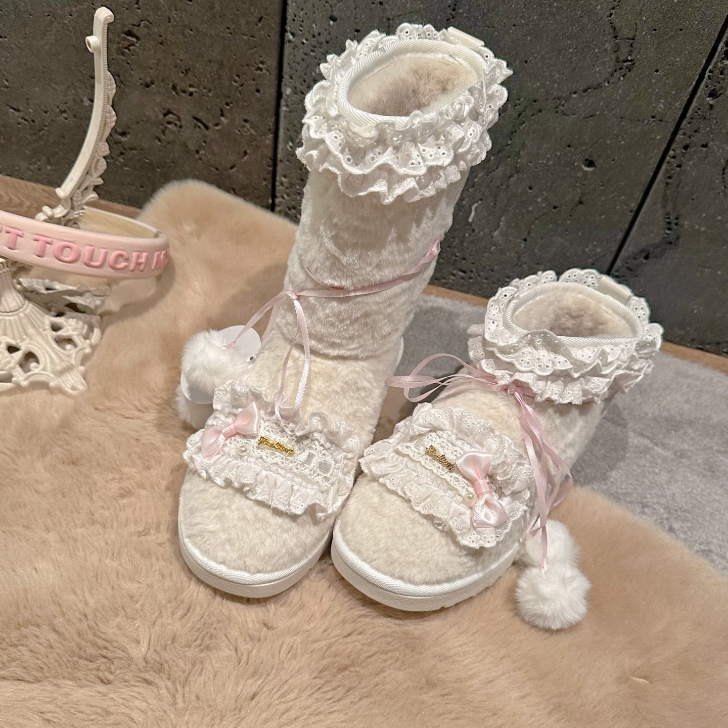 绒心棉花糖pinkyo甜美冬季毛绒雪地靴女公主风毛球棉靴保暖毛毛鞋